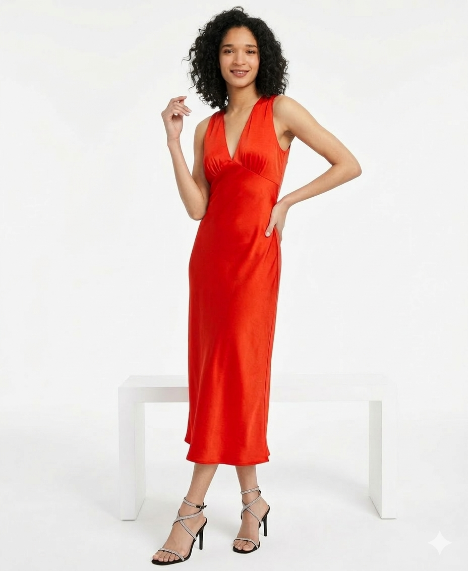 Emerald Sundae Women's Red V-Neck A-Line Satin Midi Dress|Emerald Sundae In Lebanon
