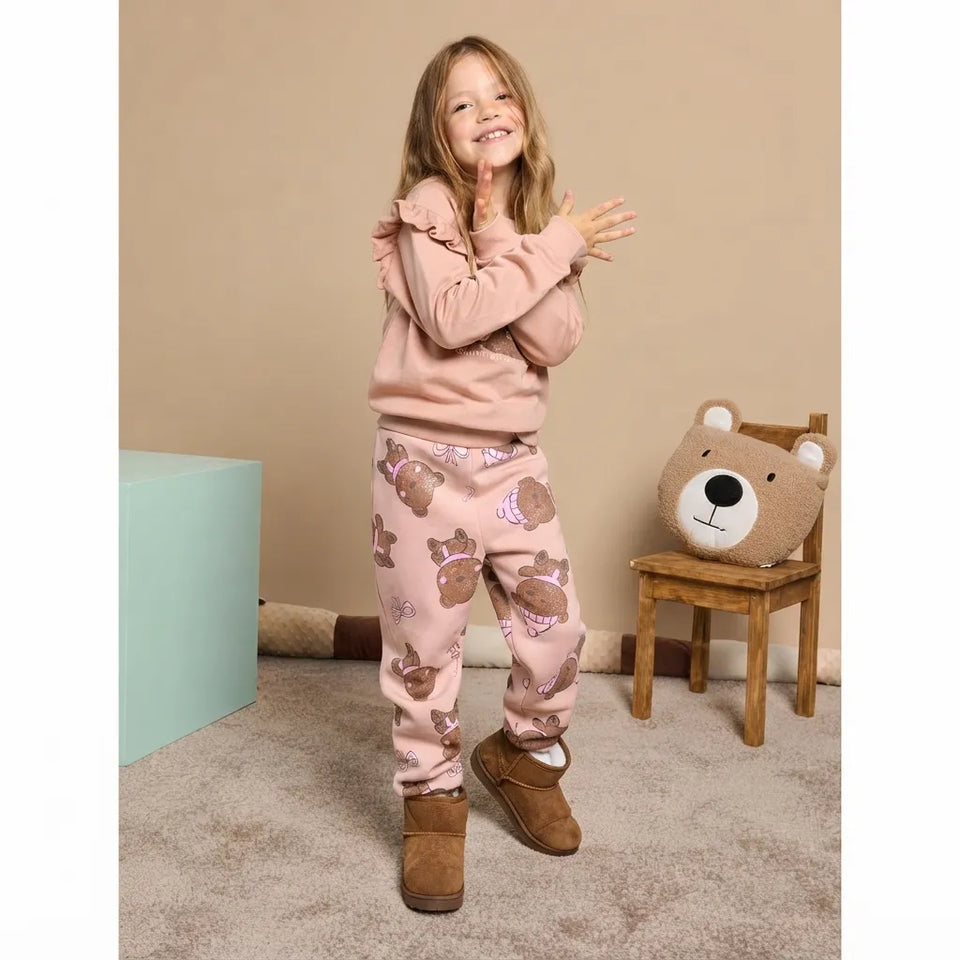 Sinsay Girl's Beige All Over Printed Bear Sweatpants