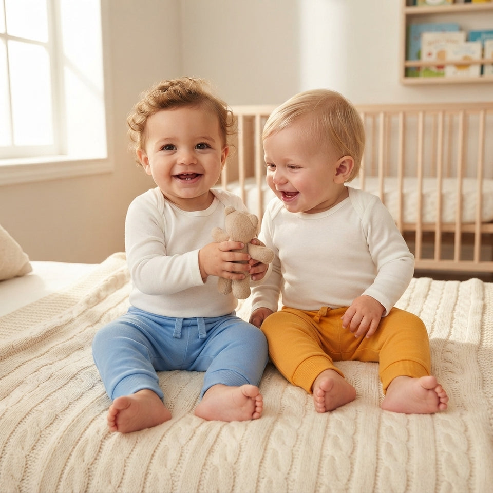 Two smiling toddlers sitting on a cream cable-knit bedspread in a bright nursery. The toddler on the left wears a white long-sleeve top and light blue pants, holding a beige plush toy.