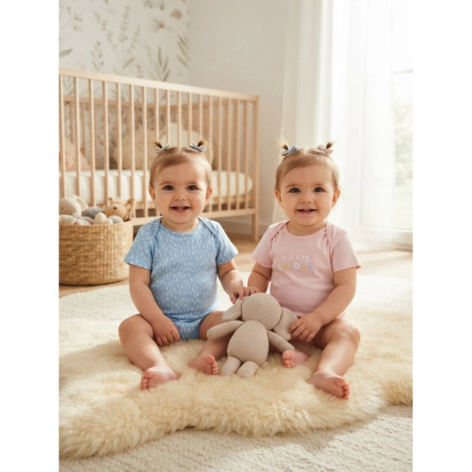 Two smiling toddlers sitting on a fluffy cream rug in a bright nursery, holding a soft gray stuffed bunny. The child on the left wears a light blue patterned short-sleeve romper, and the child on the right wears a light pink short-sleeve romper.