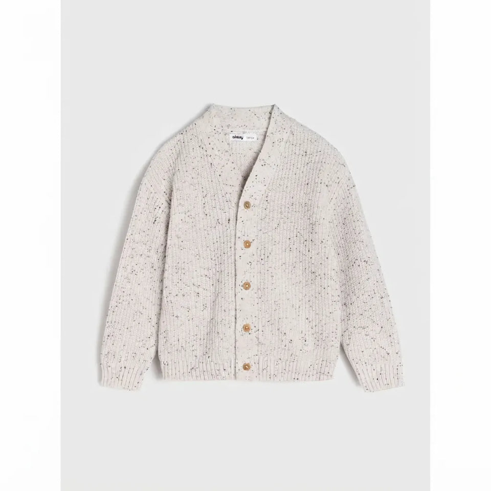 A light beige knit cardigan sweater with subtle speckles and brown buttons, displayed flat against a light gray background.