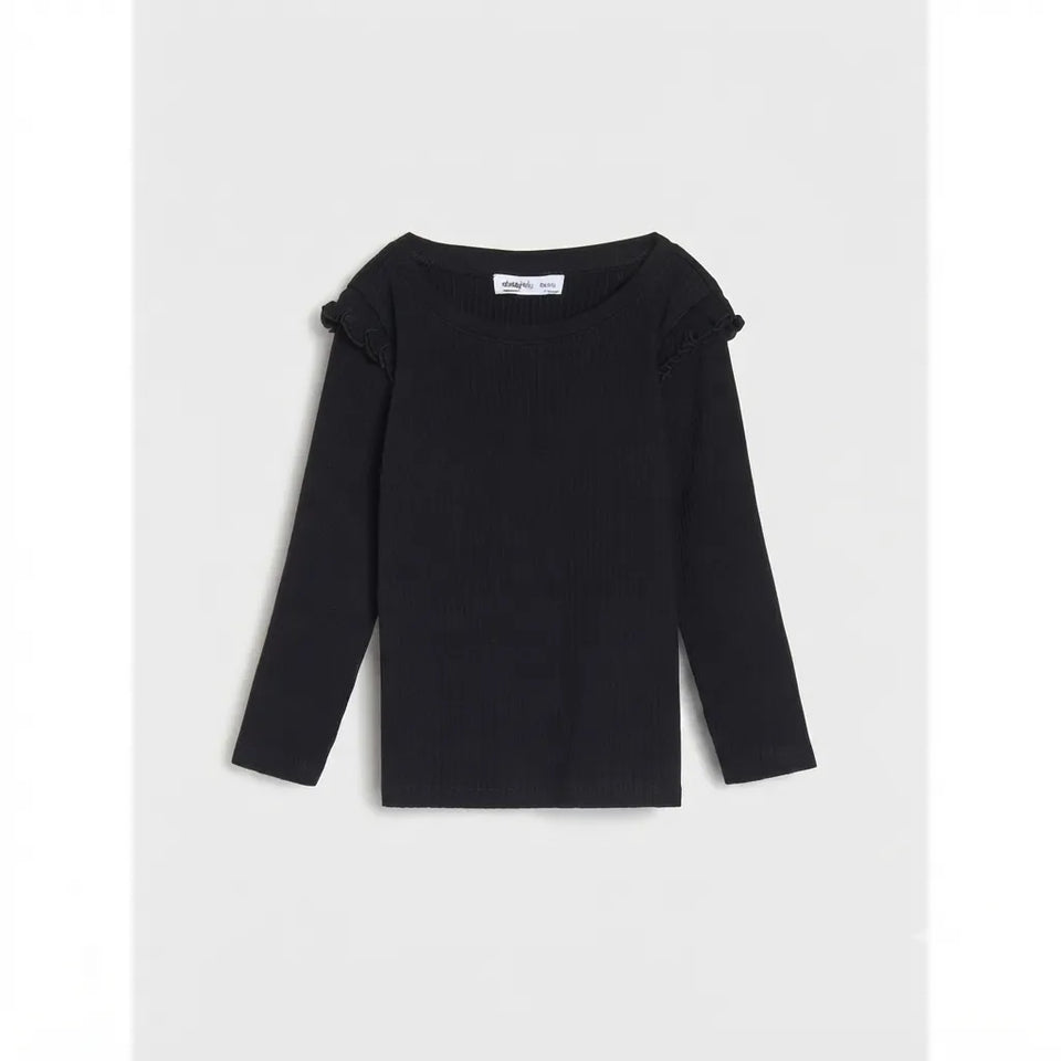 A black long-sleeve top with ruffled shoulder details, displayed flat against a light gray background.