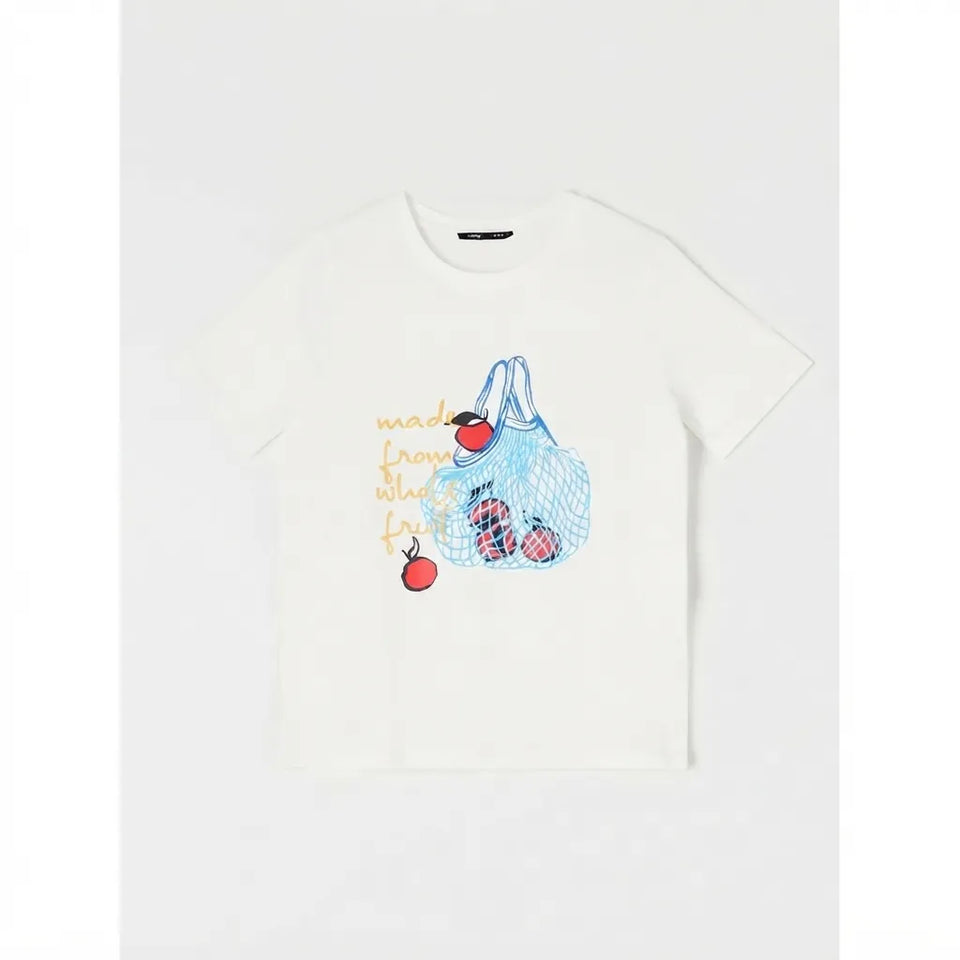 A white short-sleeve crewneck t-shirt featuring a graphic print of a blue mesh bag filled with red apples and yellow handwritten text, displayed flat against a light gray background.