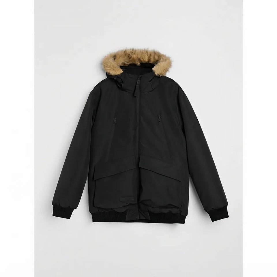 A black hooded winter jacket with a tan faux-fur trimmed hood, displayed flat against a light gray background.