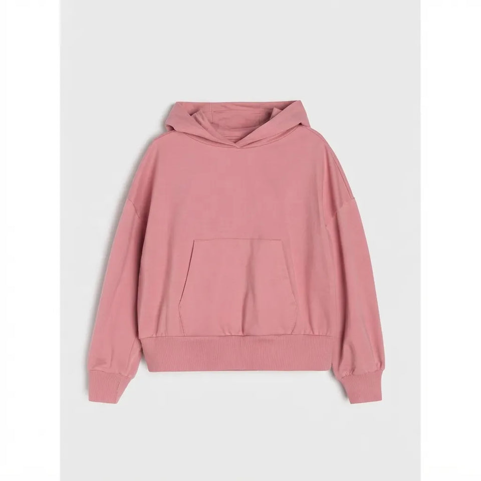 A dusty pink pullover hoodie with a front kangaroo pocket, laid flat against a light gray background.