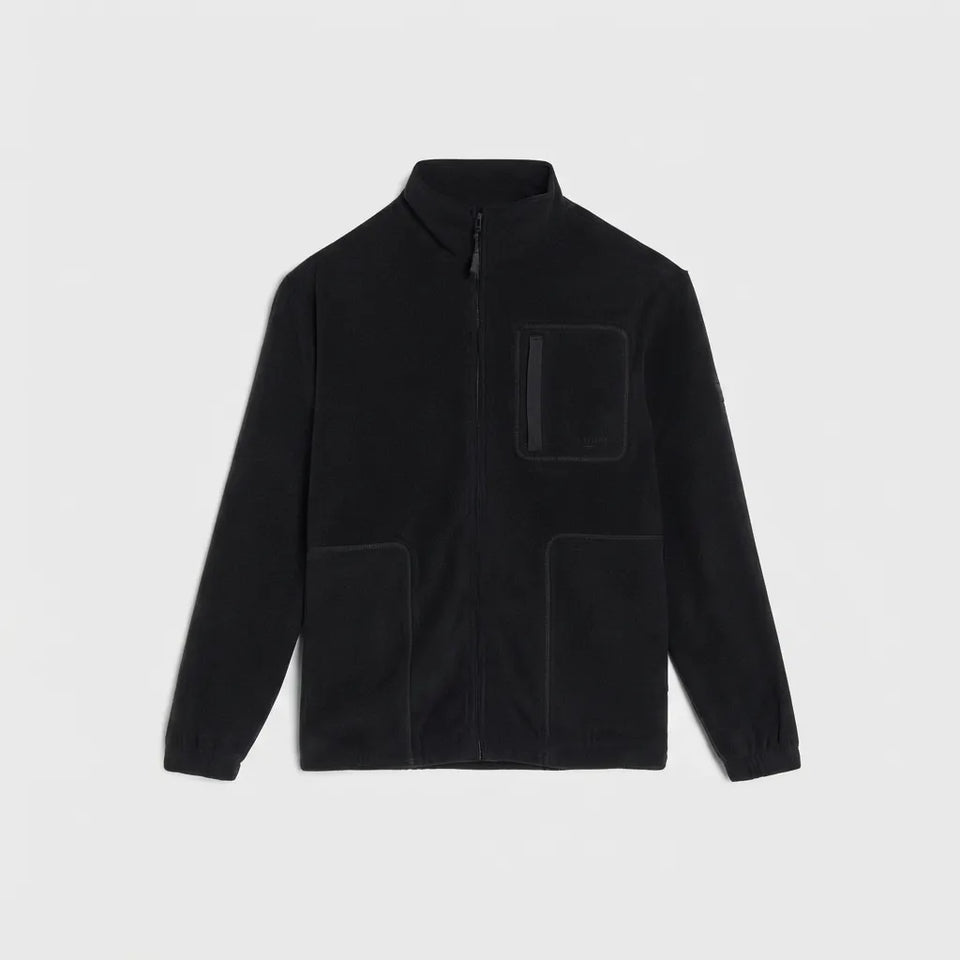 A black fleece jacket with a stand-up collar, front zipper, a vertical zip chest pocket, and two large patch pockets on the lower front, shown against a light gray background.