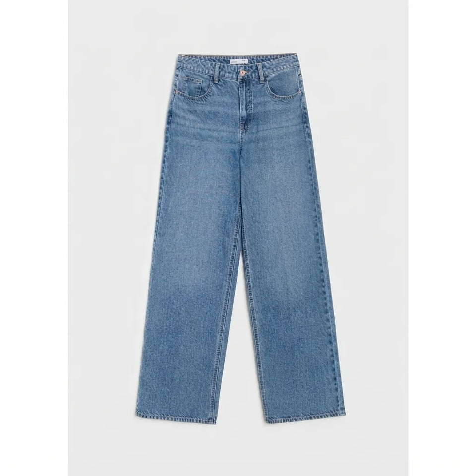 A pair of light blue wide-leg denim jeans shown flat against a light gray background.