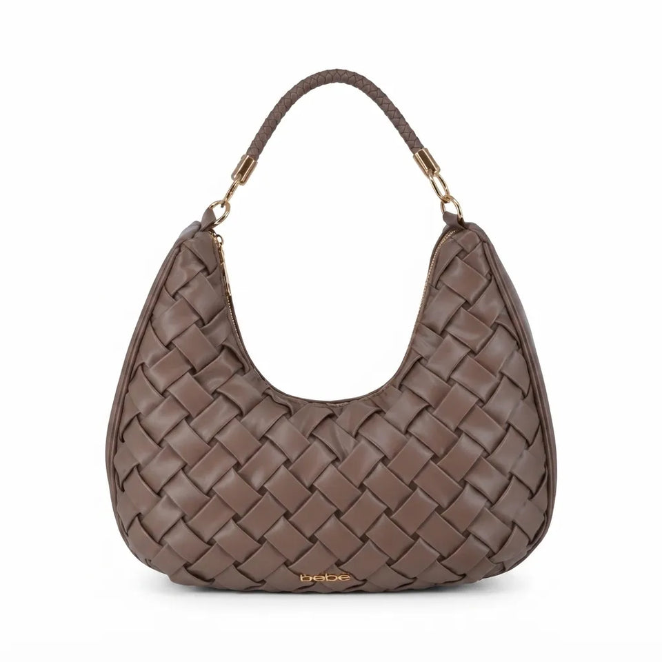 A brown woven leather hobo handbag with a single shoulder strap and gold-tone hardware, shown against a plain white background.