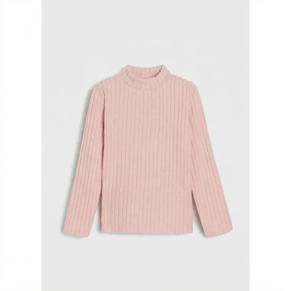 A light pink ribbed knit mock neck sweater with long sleeves, displayed flat against a light gray background.