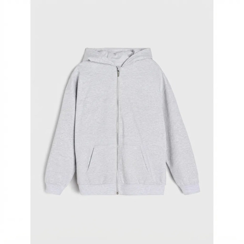 A light gray heather zip-up hoodie with a drawstring hood and front pockets, displayed flat against a light gray background.
