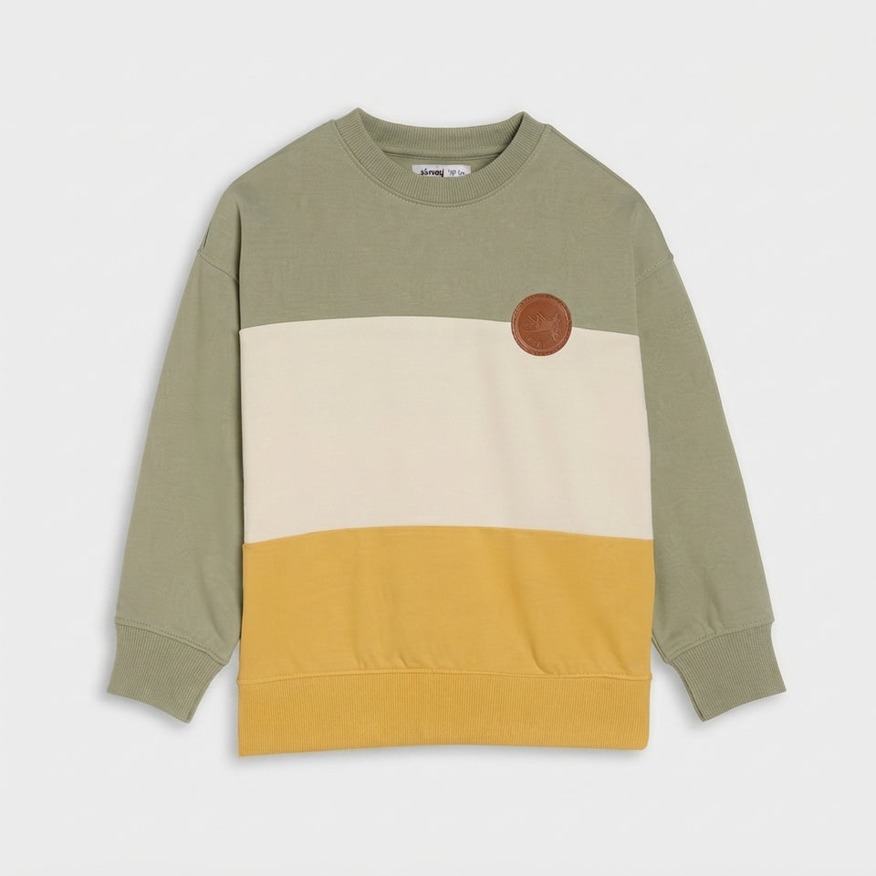 A color-blocked crewneck sweatshirt with a sage green top section, a wide cream middle stripe, and a mustard yellow bottom section, featuring a small brown circular patch on the left chest.