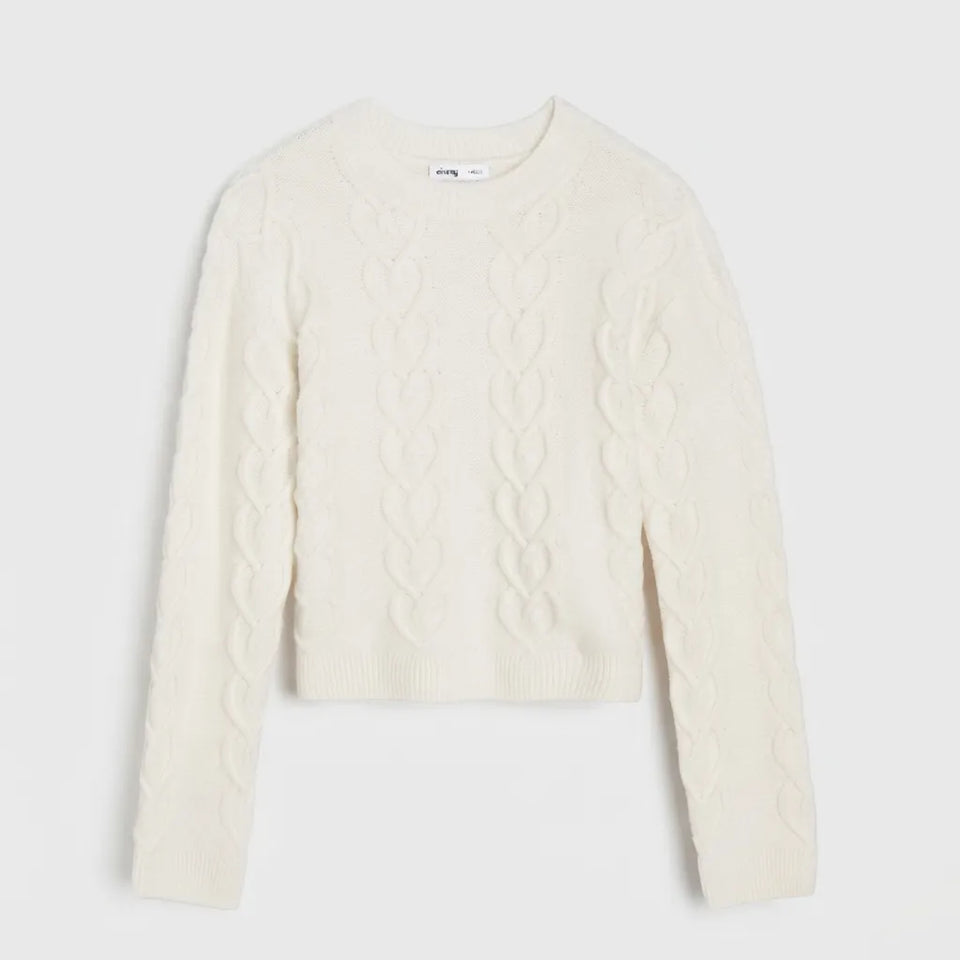 An off-white cable-knit cropped sweater with long sleeves, shown flat against a light gray background.