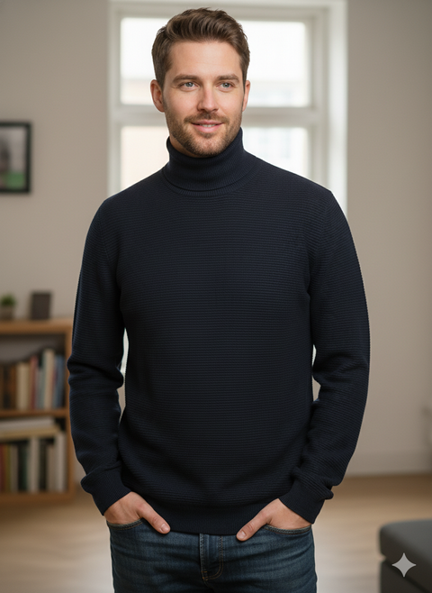 Rebel Men's Navy Knitted Ribbed Turtle Neck Long Sleeve Blouse |Rebel In Lebanon