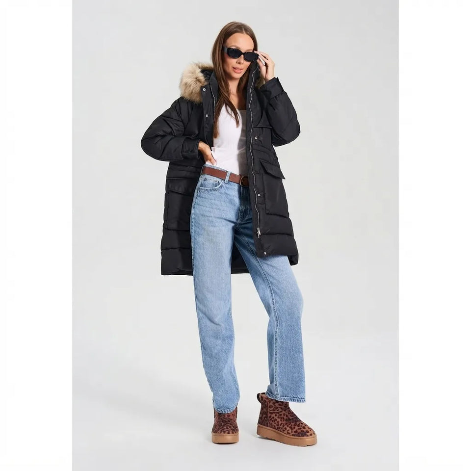 Sinsay Women's Black Faux-Fur Hooded Parka Jacket
