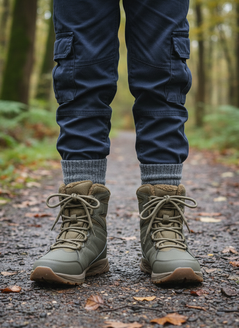 Person wearing green boots and blue pants standing on a forest path.