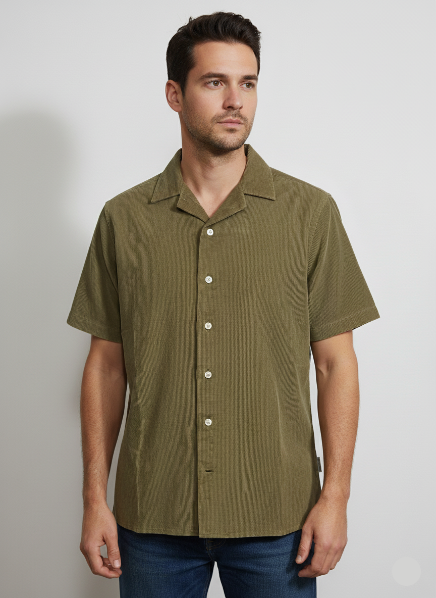 Rebel Men's Olive Green Ripped Velvet Short Sleeve Shirt |Rebel In Lebanon