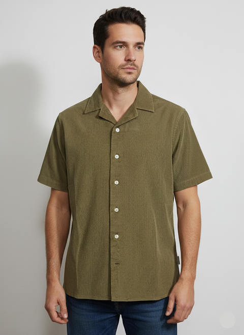 Rebel Men's Olive Green Ripped Velvet Short Sleeve Shirt |Rebel In Lebanon