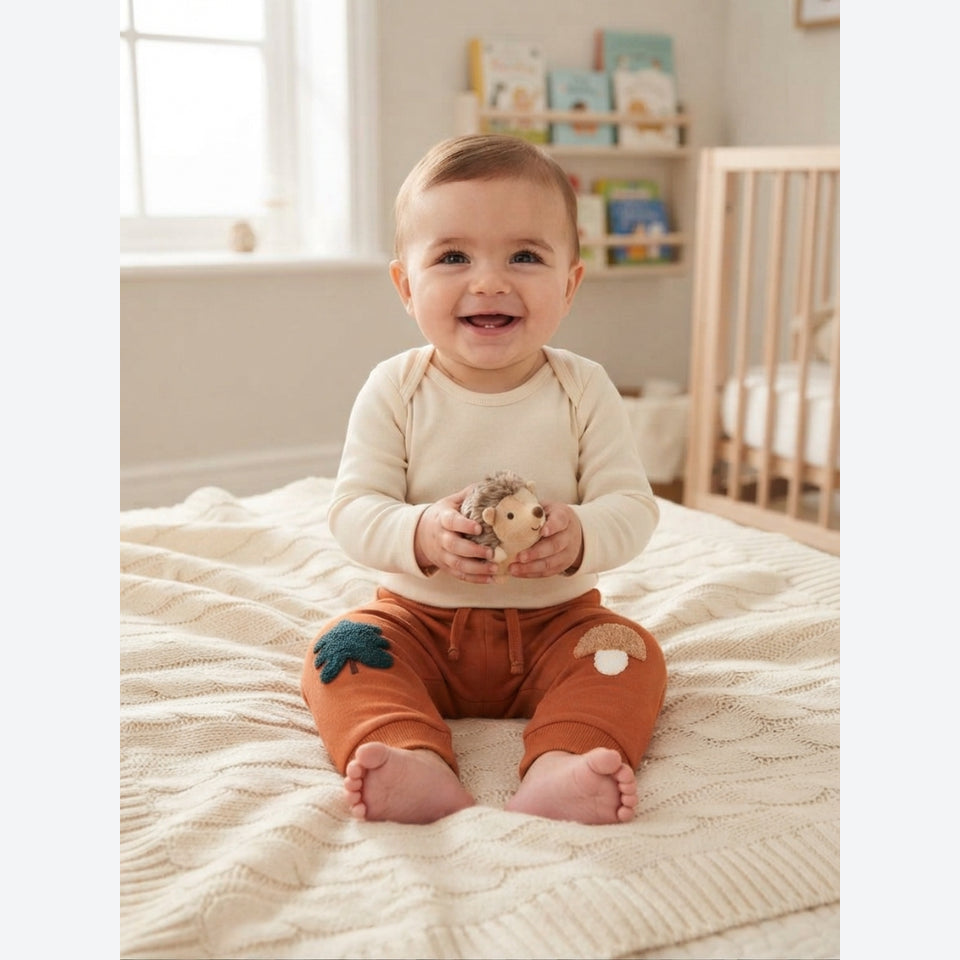A baby sitting on a cream cable-knit blanket in a nursery, wearing a cream long-sleeve top and rust-orange pants with embroidered woodland accents. The baby is holding a small hedgehog toy.