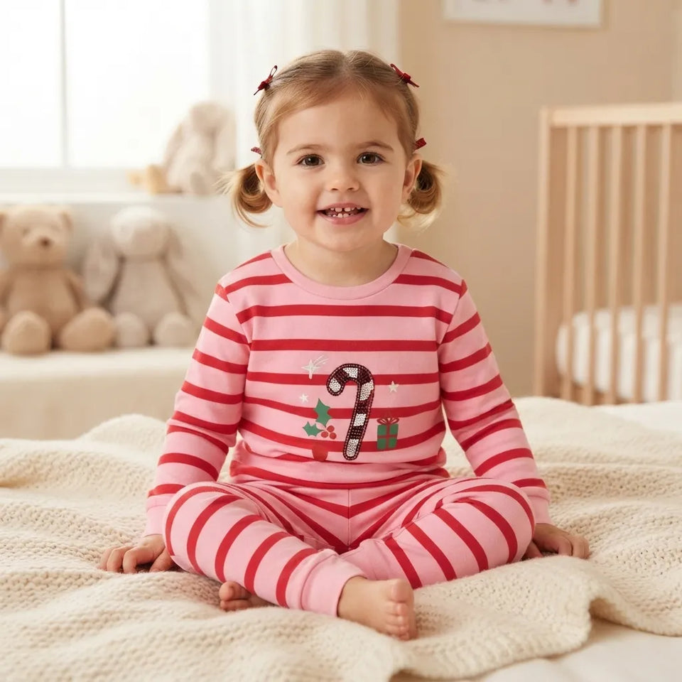 Sinsay Girl's Pink & Red Striped & Sequin Top Pajama Set
