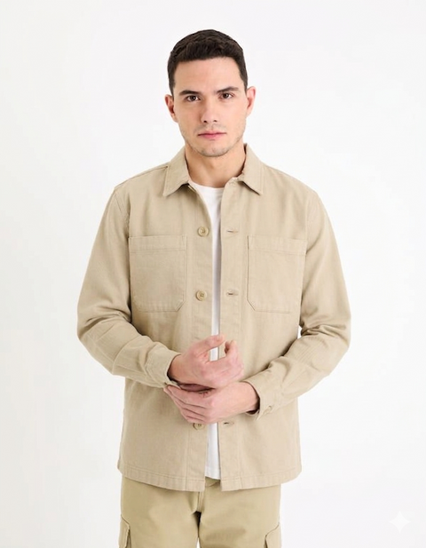 Celio Men's Beige Canvas Utility Overshirt | Celio In Lebanon