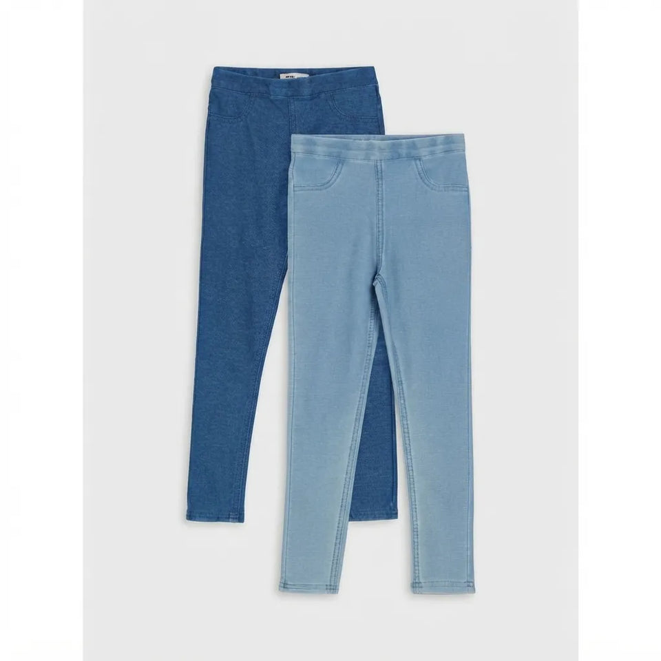 Two pairs of children's leggings in different blue washes, one dark blue and one light blue, displayed flat against a light gray background.