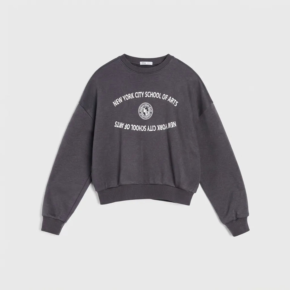 A dark gray crewneck sweatshirt featuring a white graphic print on the front that reads 'NEW YORK CITY SCHOOL OF ARTS' with a circular emblem in the center and mirrored text below, displayed on a light gray background.