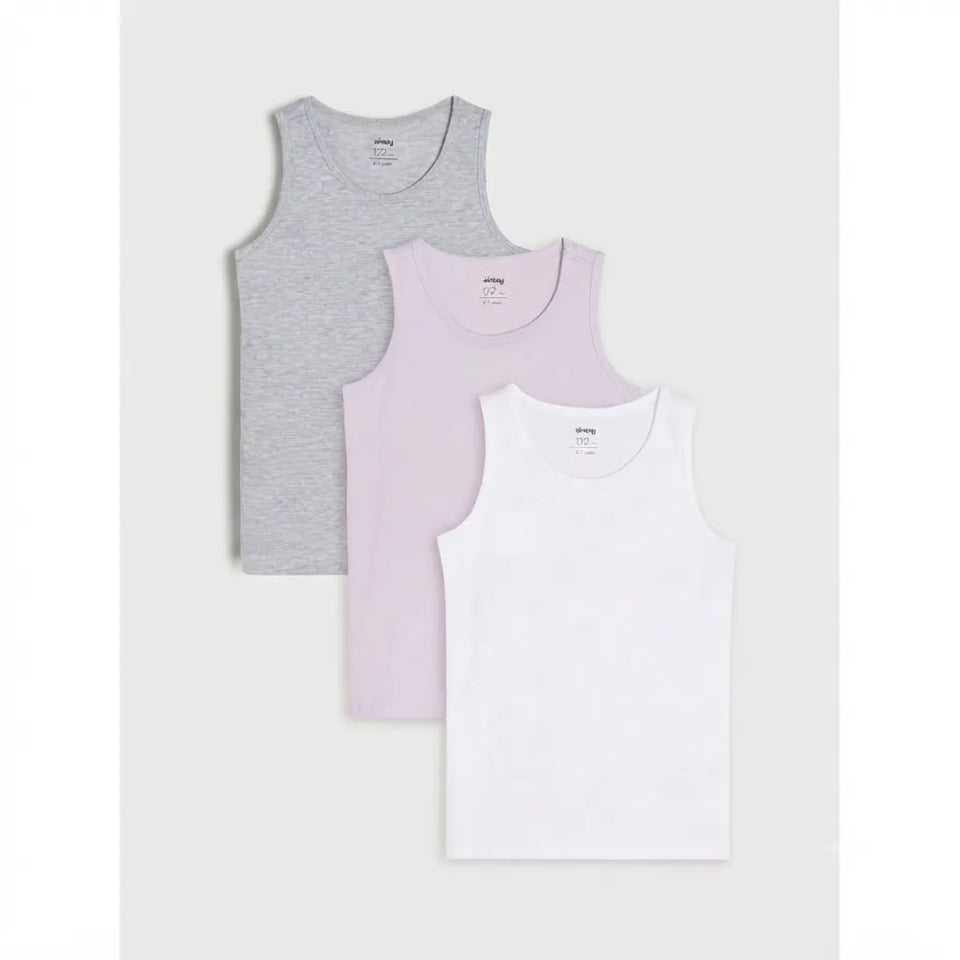Three sleeveless tank tops in heather gray, light pink, and white, arranged in a stacked overlapping layout on a light gray background.