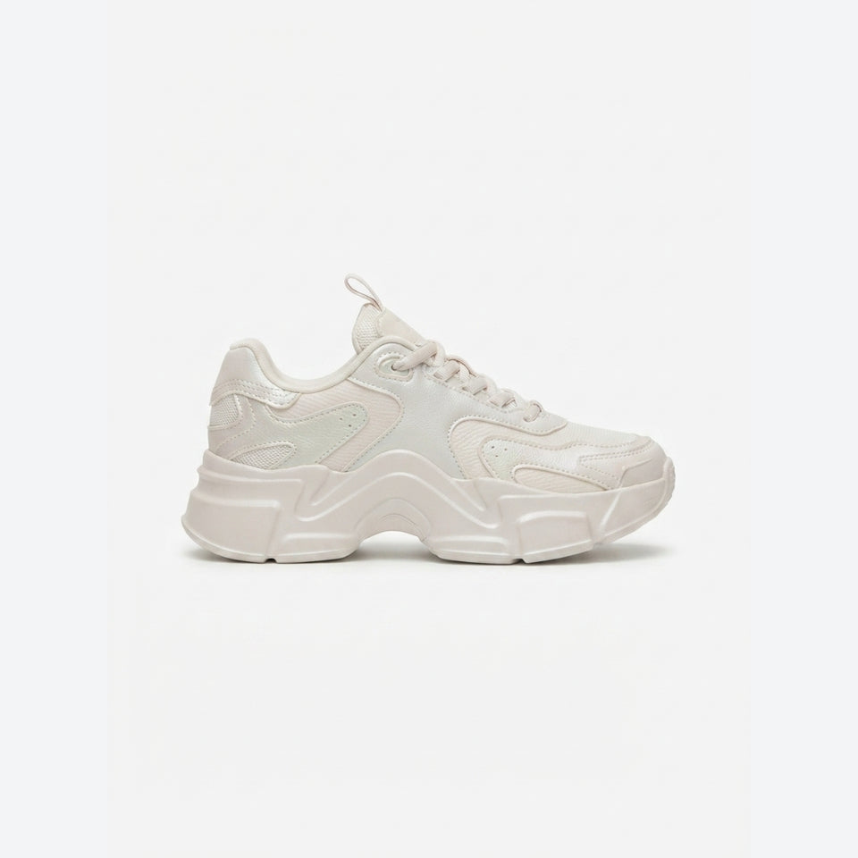White and gray sneaker with brand logo on a white background