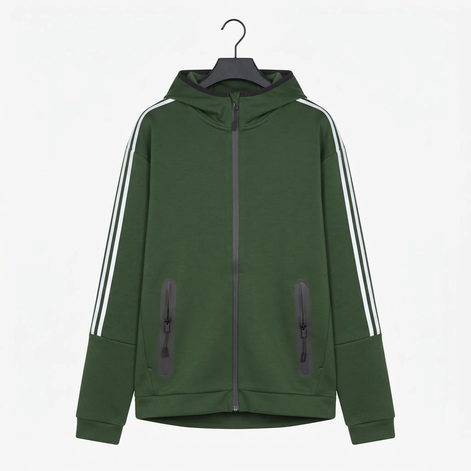 A dark green hooded zip-up sweatshirt with white three-stripes on the sleeves, hanging on a black hanger against a plain white background.