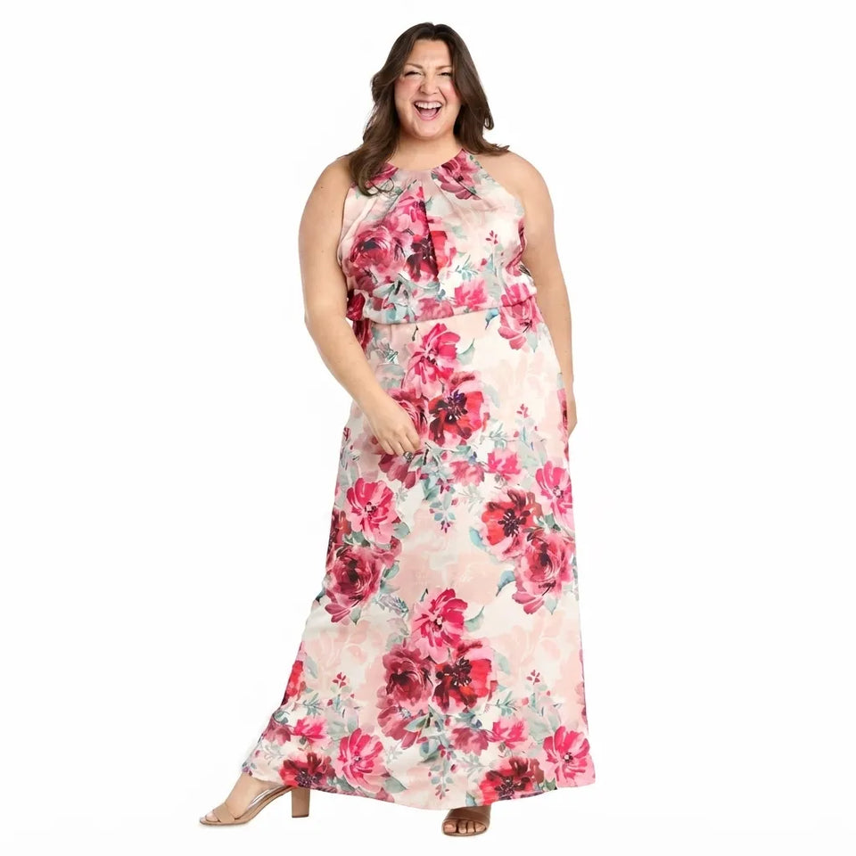 R&M Richards Women's Multicolor Petite Cream Rose Floral High Halter Neck Long Dress
