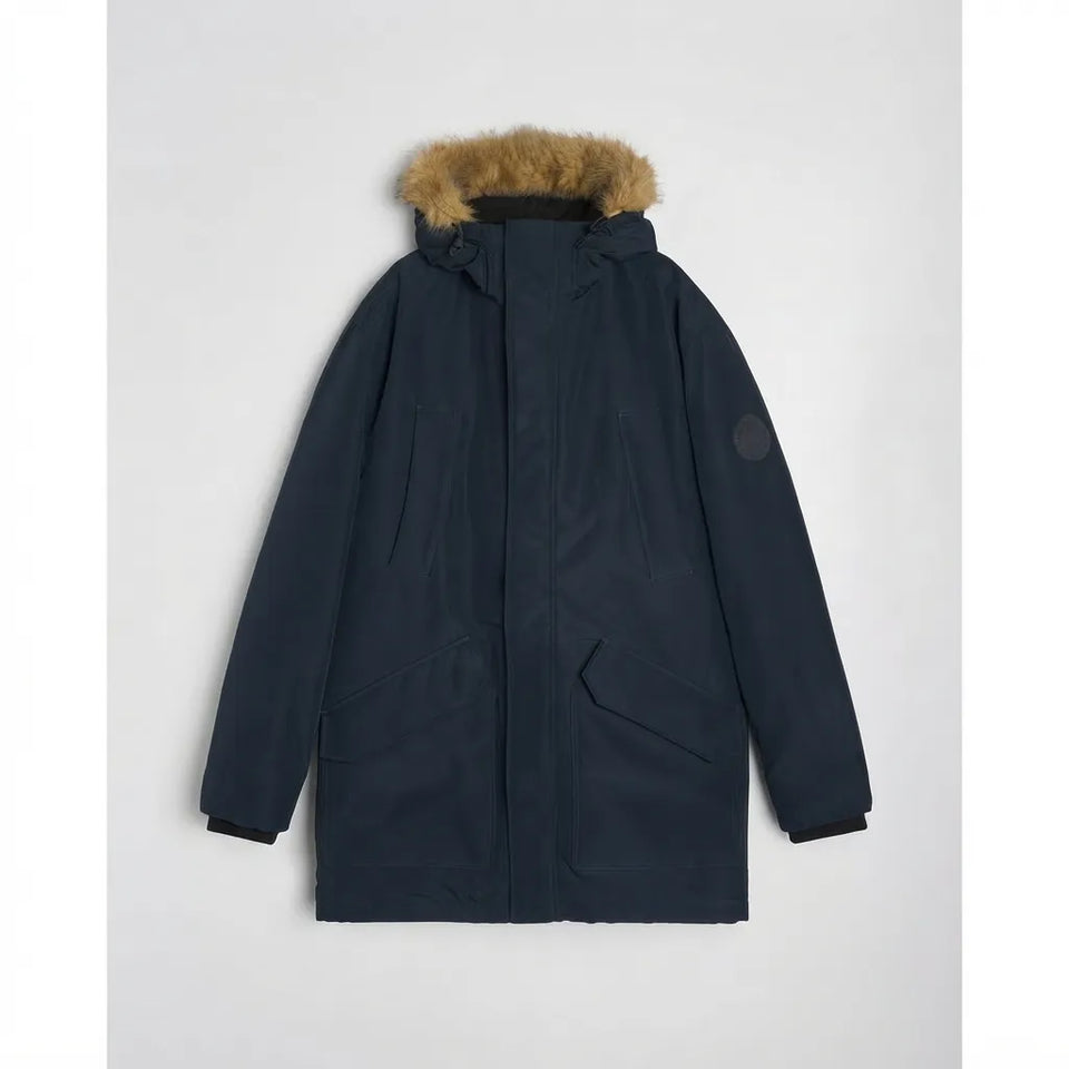 A dark navy blue parka jacket with a brown faux-fur trimmed hood, displayed flat against a light gray background.