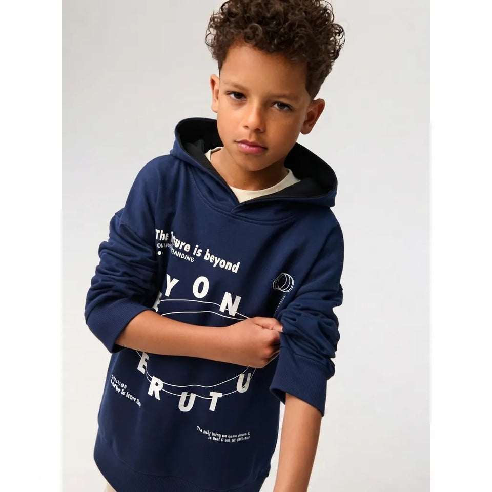 Sinsay Boy's Navy Blue White Prints Hoodie