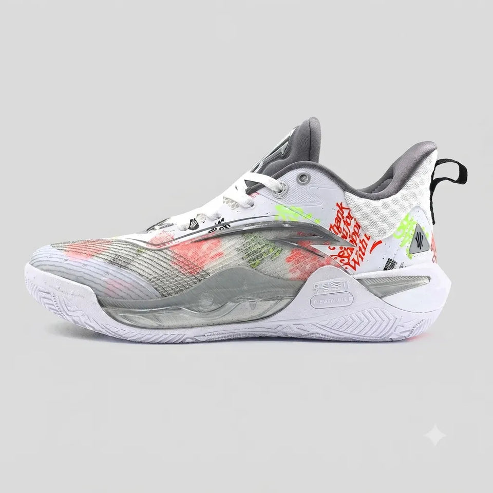 A white and gray basketball sneaker with colorful graffiti-style red, green, and pink paint splatters, shown from a side profile on a light gray background.