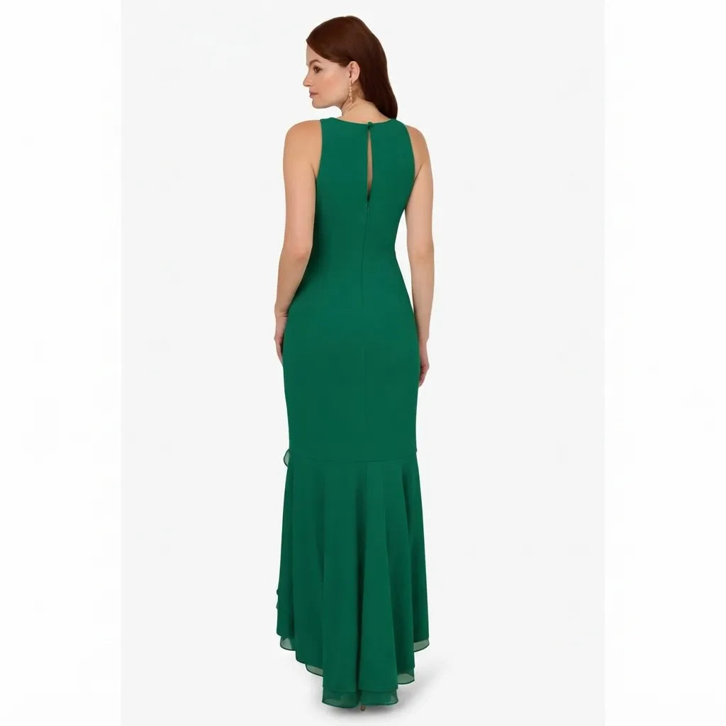Adrianna Papell Women's Green Crepe Ruffle Gown Dress