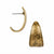 A pair of textured gold-tone earrings on a plain white background, showing one curved post earring and one teardrop-shaped stud earring.
