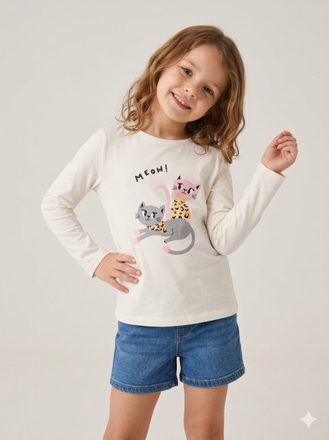 Sinsay Girls Cream Cat Graphic Long Sleeve T-Shirt | Sinsay in Lebanon