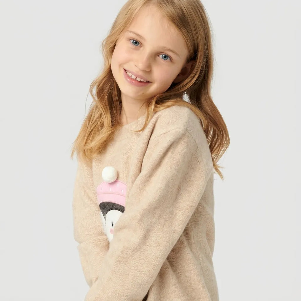 Sinsay Girl's Beige Cute Pinguin Graphic Soft Knit Sweater