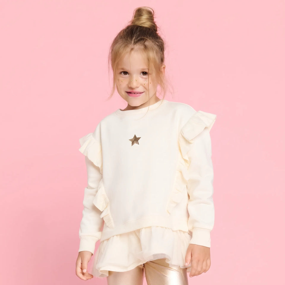 Sinsay Girl's Beige Ruffled Fleece Star Chest Sweatshirt