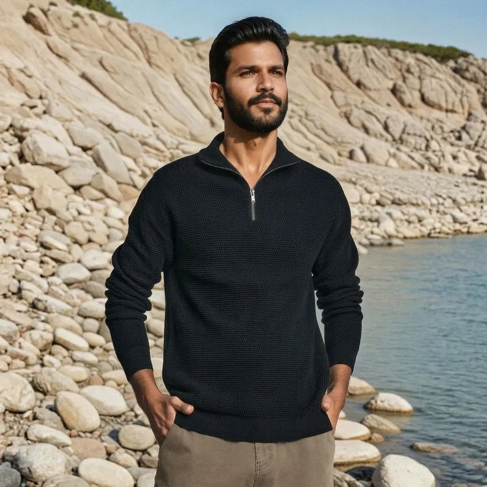 Sinsay Men's Black Zipper Mock Collar Sweater