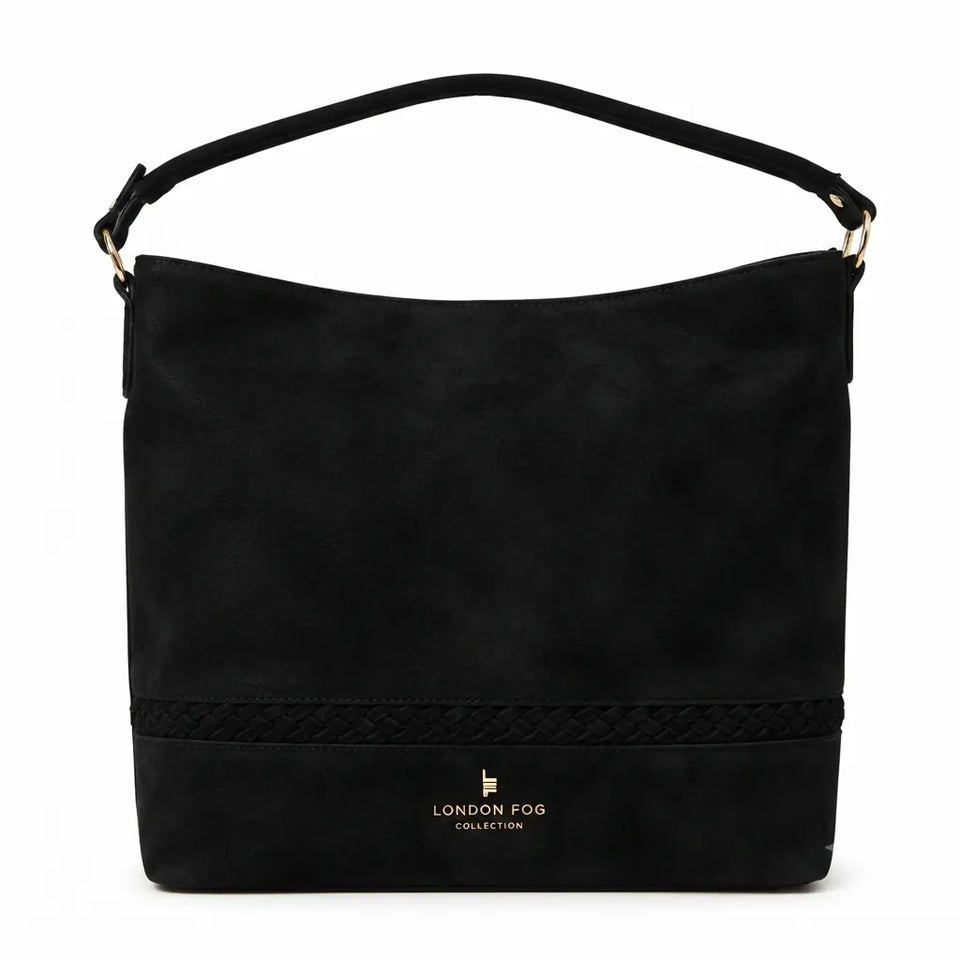 London Fog Women's Black Elena Faux Suede Hobo Tote Bag