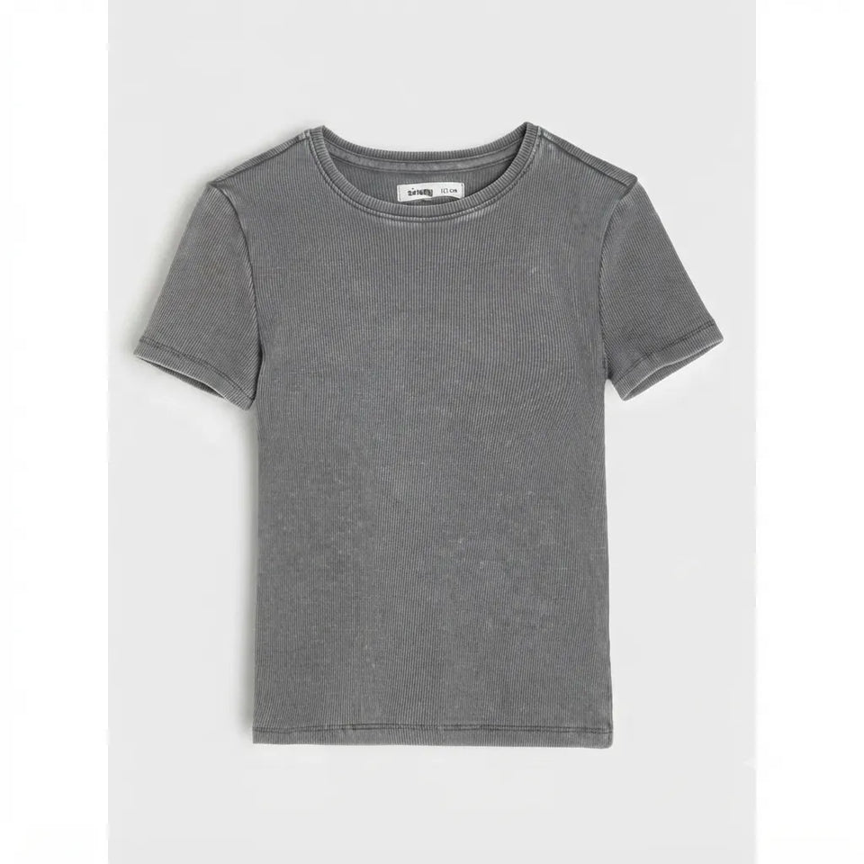 Sinsay Girl's Gray Ribbed Short Sleeve T-Shirt