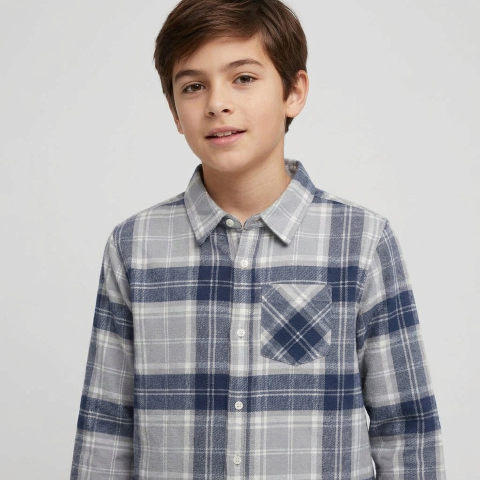 Sinsay Boy's Grey & Blue Checkered Chest Pocket Shirt