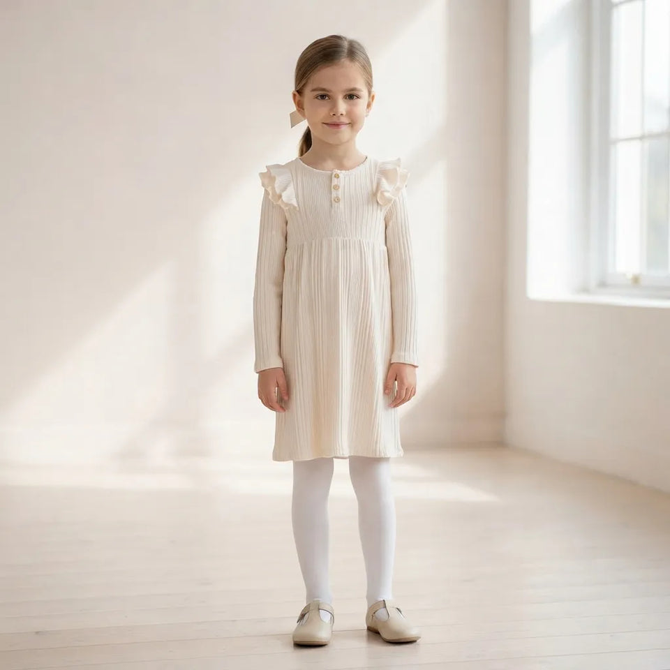A young girl stands in a bright, sunlit room wearing a cream ribbed long-sleeve dress with ruffled shoulders, white tights, and light beige shoes.