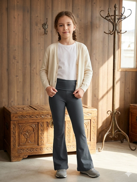 Young girl standing in a room with wooden walls and a wooden chest.