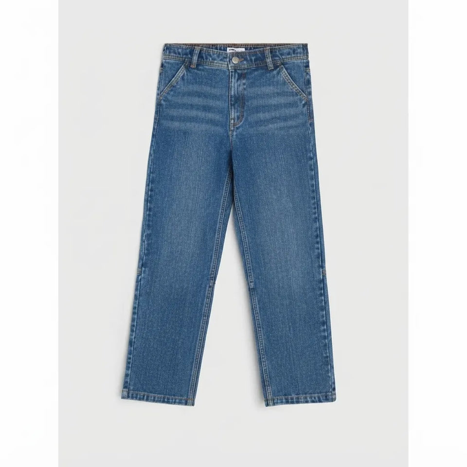 A pair of medium-wash blue denim jeans with a straight-leg fit, shown flat against a light gray background.