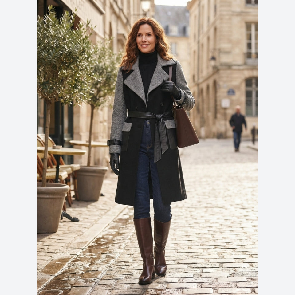 Judith Williams Women's Black And GreyMixed-Media Wool & Faux Leather Trench Coat