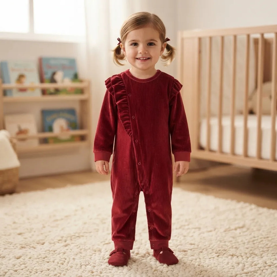 Sinsay Girl's Burgundy Velvet Snap Buttons with Ruffles Overall