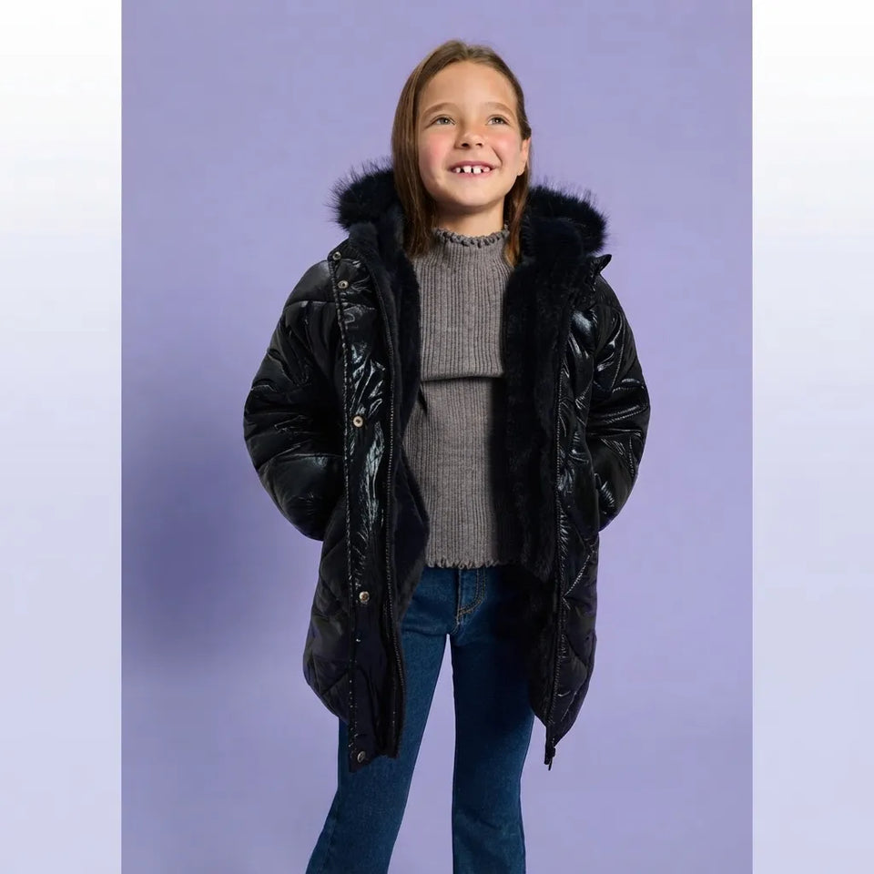 Sinsay Girl's Black Shiny Quilted Puffer Hooded Jacket