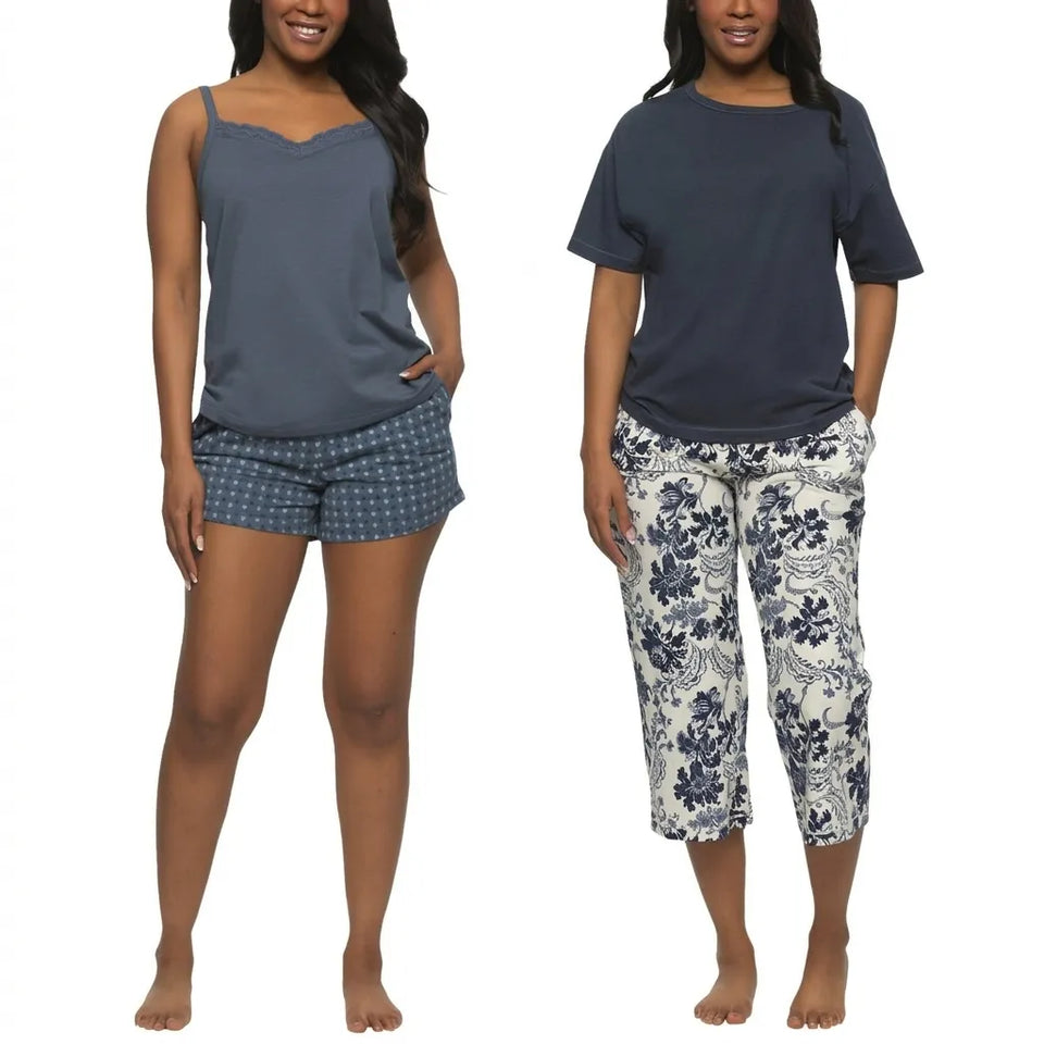 Felina Women's Multicolor Cotton 4-Piece T-Shirt, Tank, Short, And Capri Pant Pajama Set