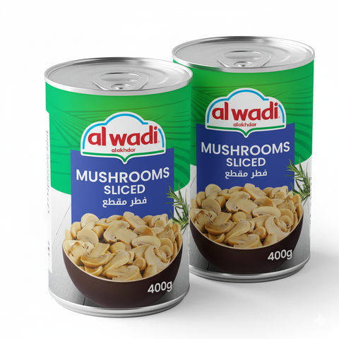 Two cans of sliced mushrooms with Alwadi branding on a white background